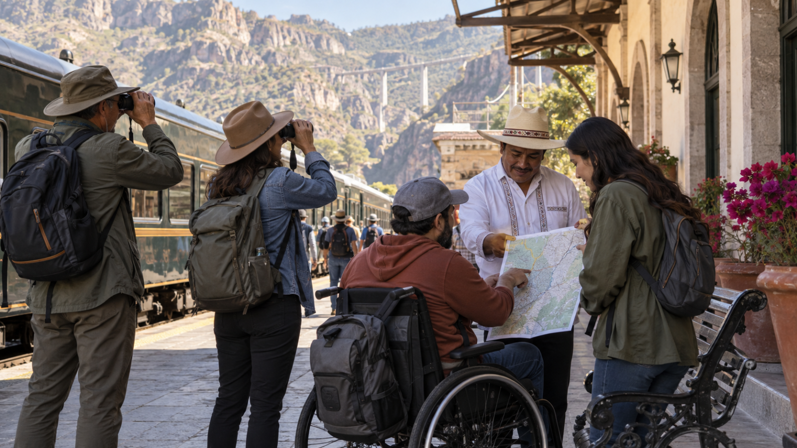 Viajera usa una rampa de acceso en un sitio patrimonial mexicano mientras consulta información del recorrido.