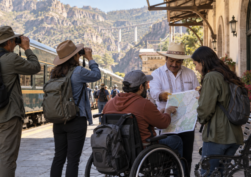Viajera usa una rampa de acceso en un sitio patrimonial mexicano mientras consulta información del recorrido.