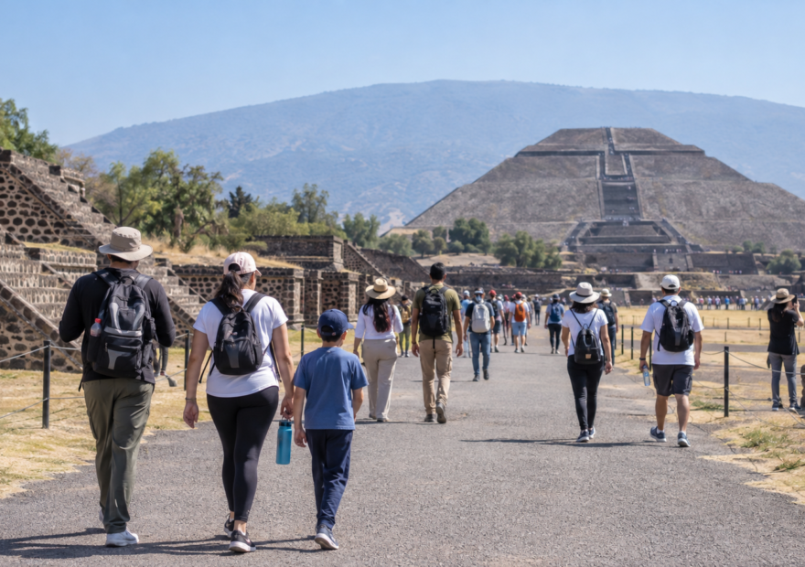 Visitantes recorren un sendero de Teotihuacan con las pirámides al fondo; imagen ilustrativa.