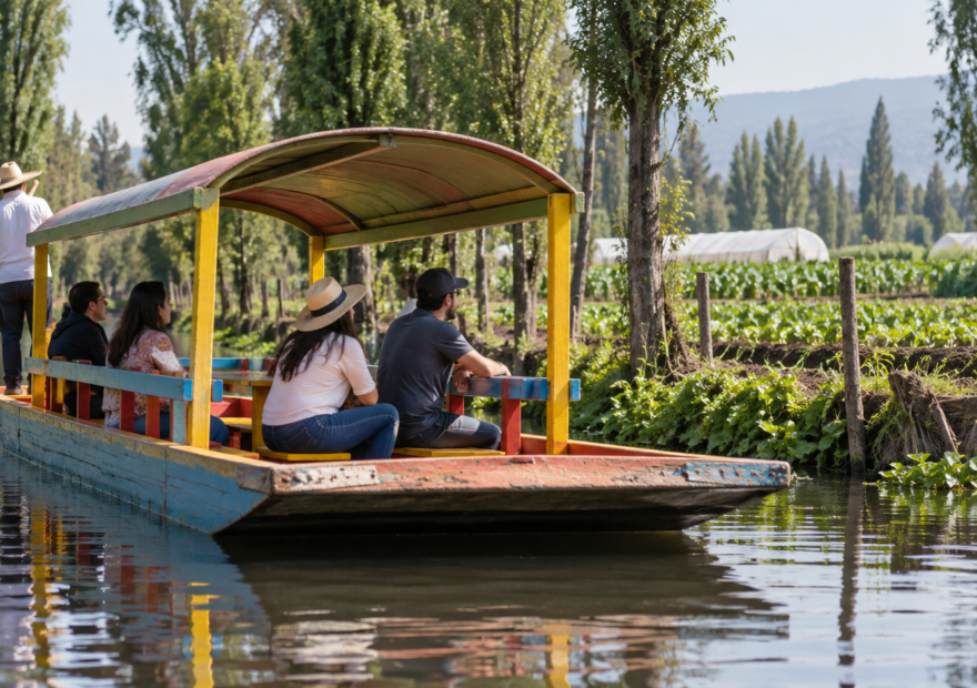 Trajinera avanza por un canal de Xochimilco junto a vegetación y parcelas chinamperas.