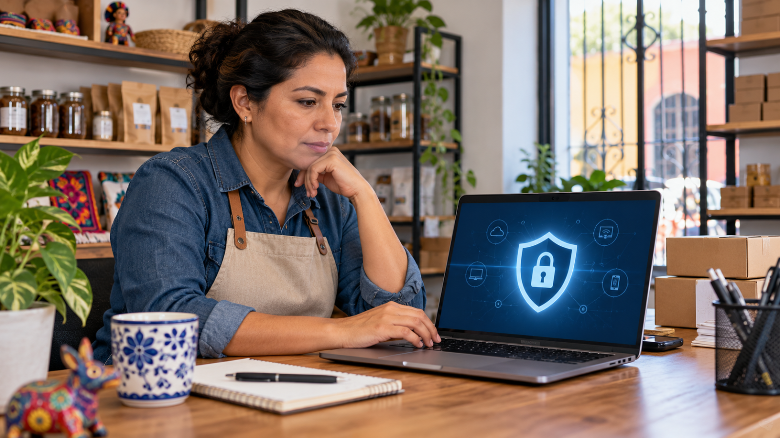 Dueña de un pequeño negocio revisa una pantalla de seguridad digital en su computadora