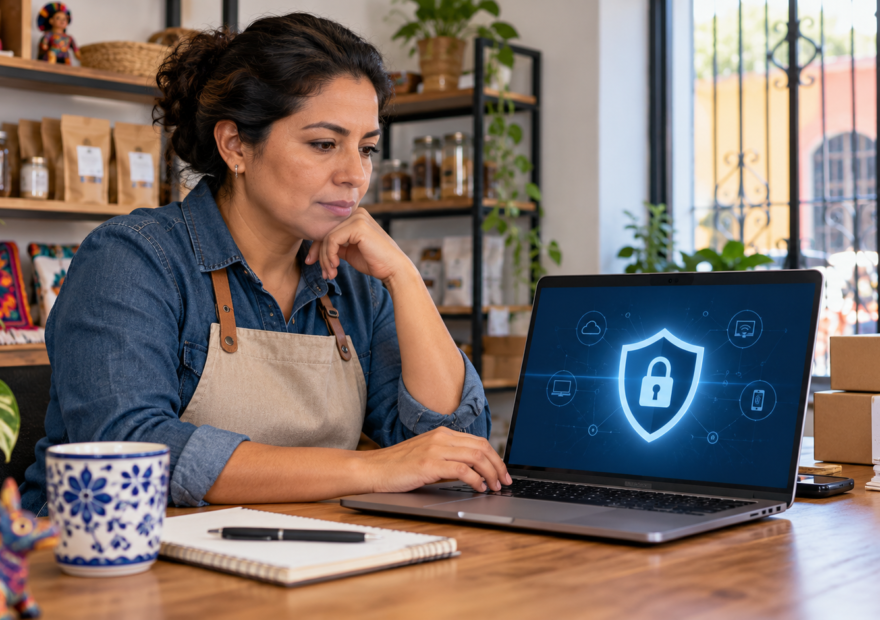 Dueña de un pequeño negocio revisa una pantalla de seguridad digital en su computadora
