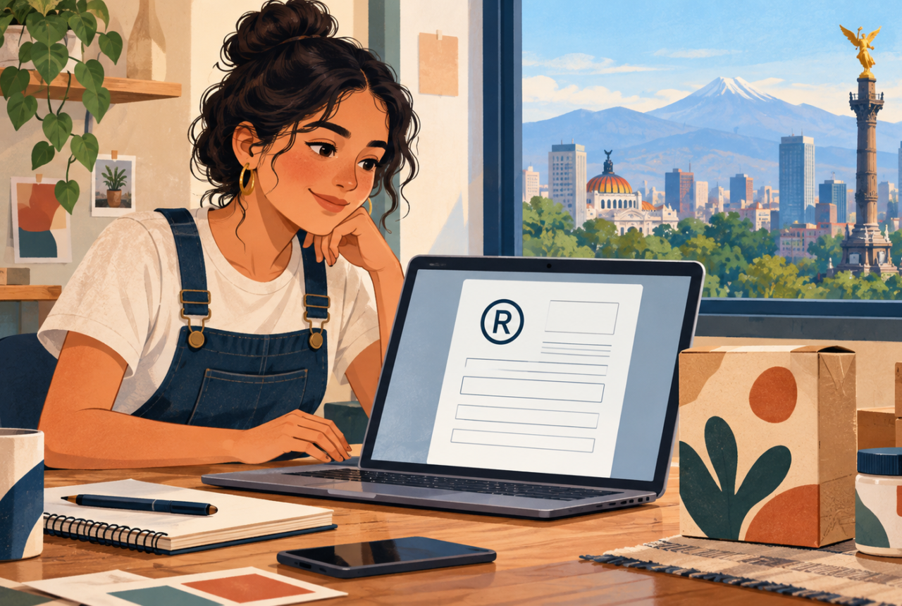Ilustración de una joven emprendedora revisando en una computadora una solicitud genérica de registro de marca.