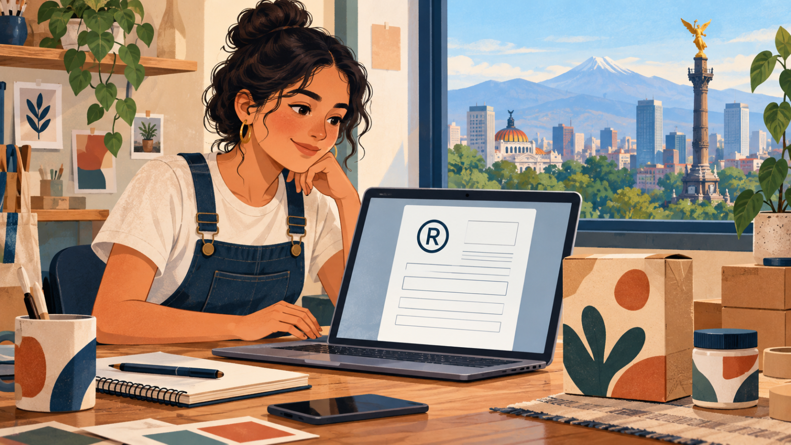 Ilustración de una joven emprendedora revisando en una computadora una solicitud genérica de registro de marca.