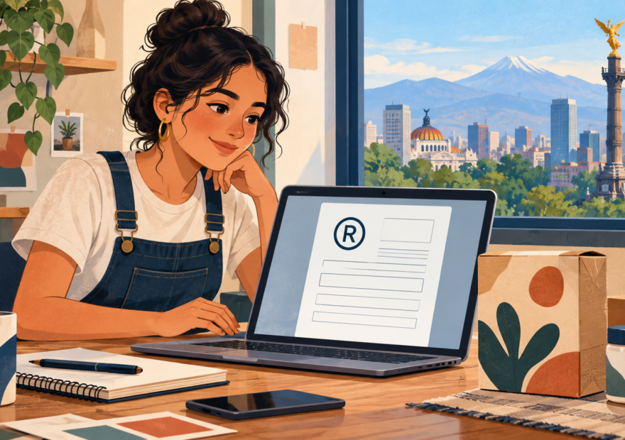 Ilustración de una joven emprendedora revisando en una computadora una solicitud genérica de registro de marca.