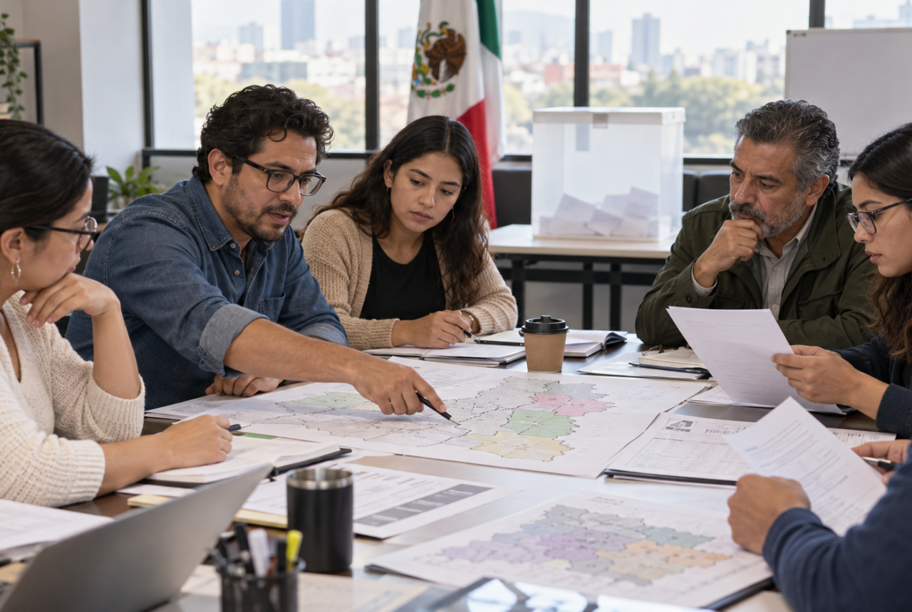 Ilustración editorial generada con IA de personas revisando documentos electorales; no es fotografía ni corresponde a una sesión real del INE.