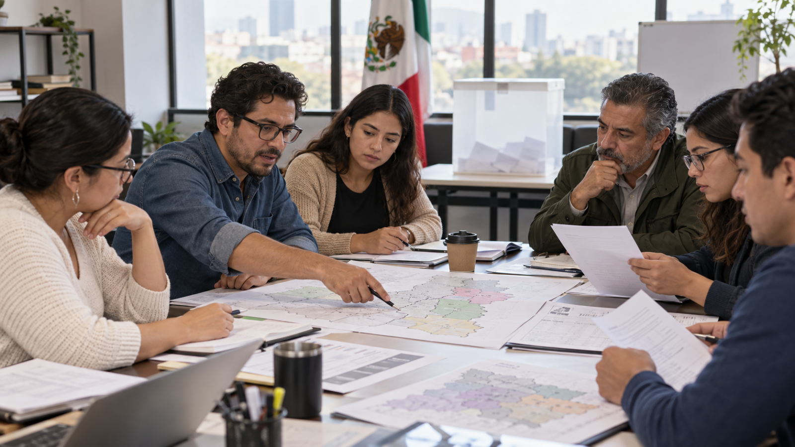 Ilustración editorial generada con IA de personas revisando documentos electorales; no es fotografía ni corresponde a una sesión real del INE.