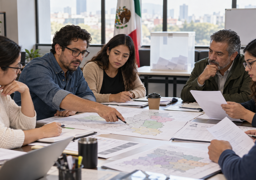 Ilustración editorial generada con IA de personas revisando documentos electorales; no es fotografía ni corresponde a una sesión real del INE.