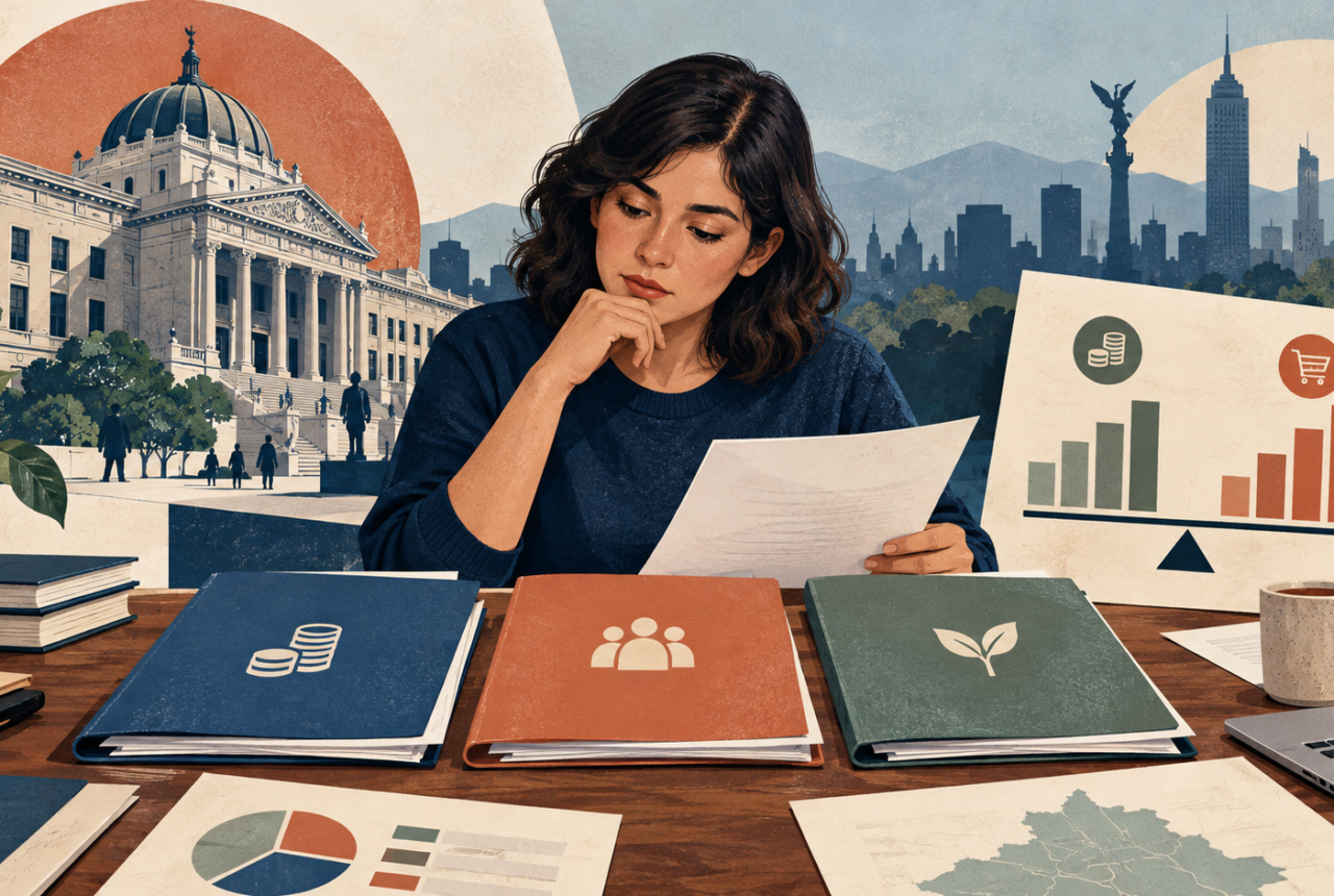 Ilustración editorial generada con IA: una ciudadana revisa documentos presupuestarios y gráficas frente a una silueta de edificios de la Ciudad de México; no representa una sesión real.
