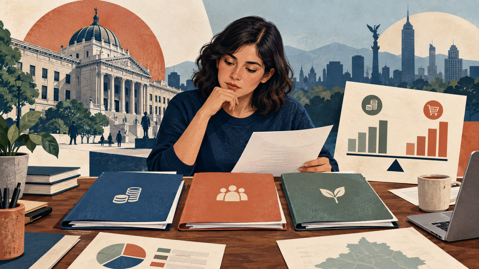 Ilustración editorial generada con IA: una ciudadana revisa documentos presupuestarios y gráficas frente a una silueta de edificios de la Ciudad de México; no representa una sesión real.