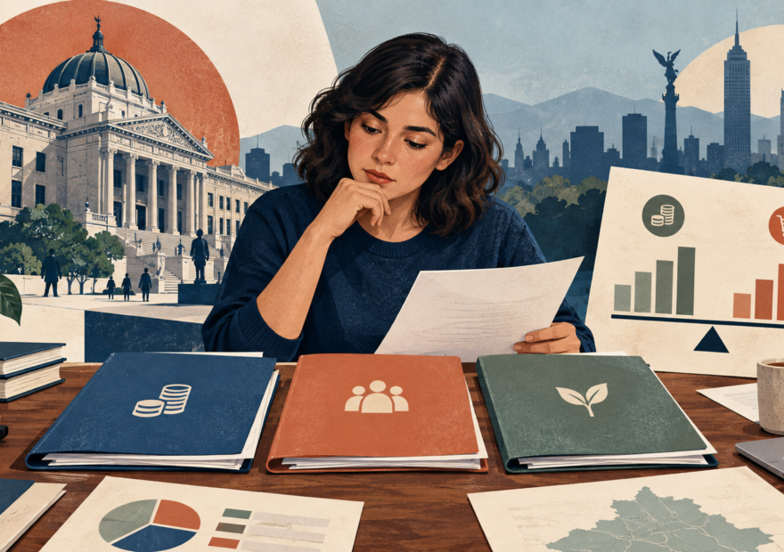 Ilustración editorial generada con IA: una ciudadana revisa documentos presupuestarios y gráficas frente a una silueta de edificios de la Ciudad de México; no representa una sesión real.