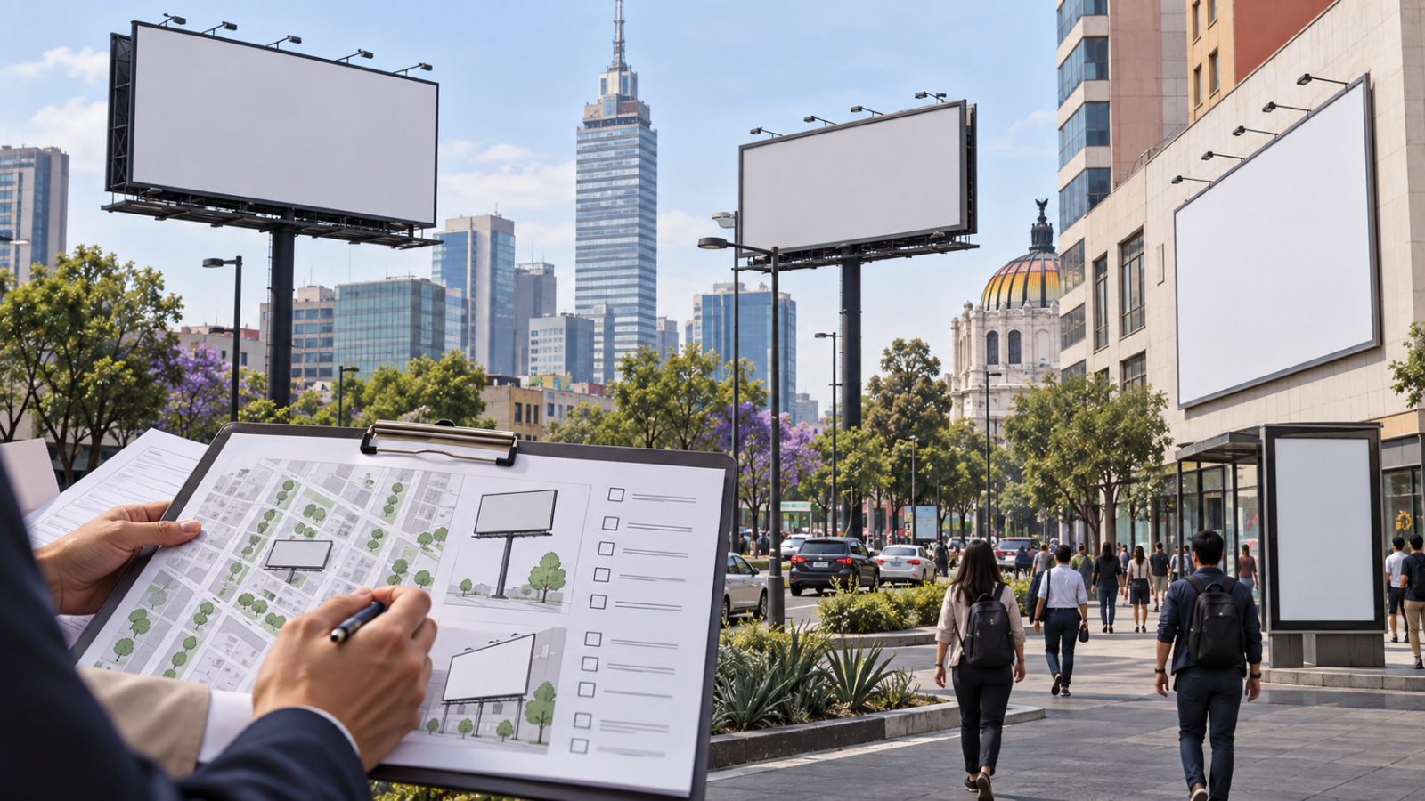 Ilustración editorial generada con IA: avenida de Ciudad de México con anuncios exteriores en blanco y una persona revisando un plano urbano; no representa una instalación o revisión real.