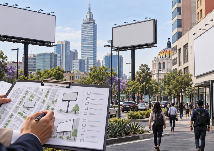 Ilustración editorial generada con IA: avenida de Ciudad de México con anuncios exteriores en blanco y una persona revisando un plano urbano; no representa una instalación o revisión real.