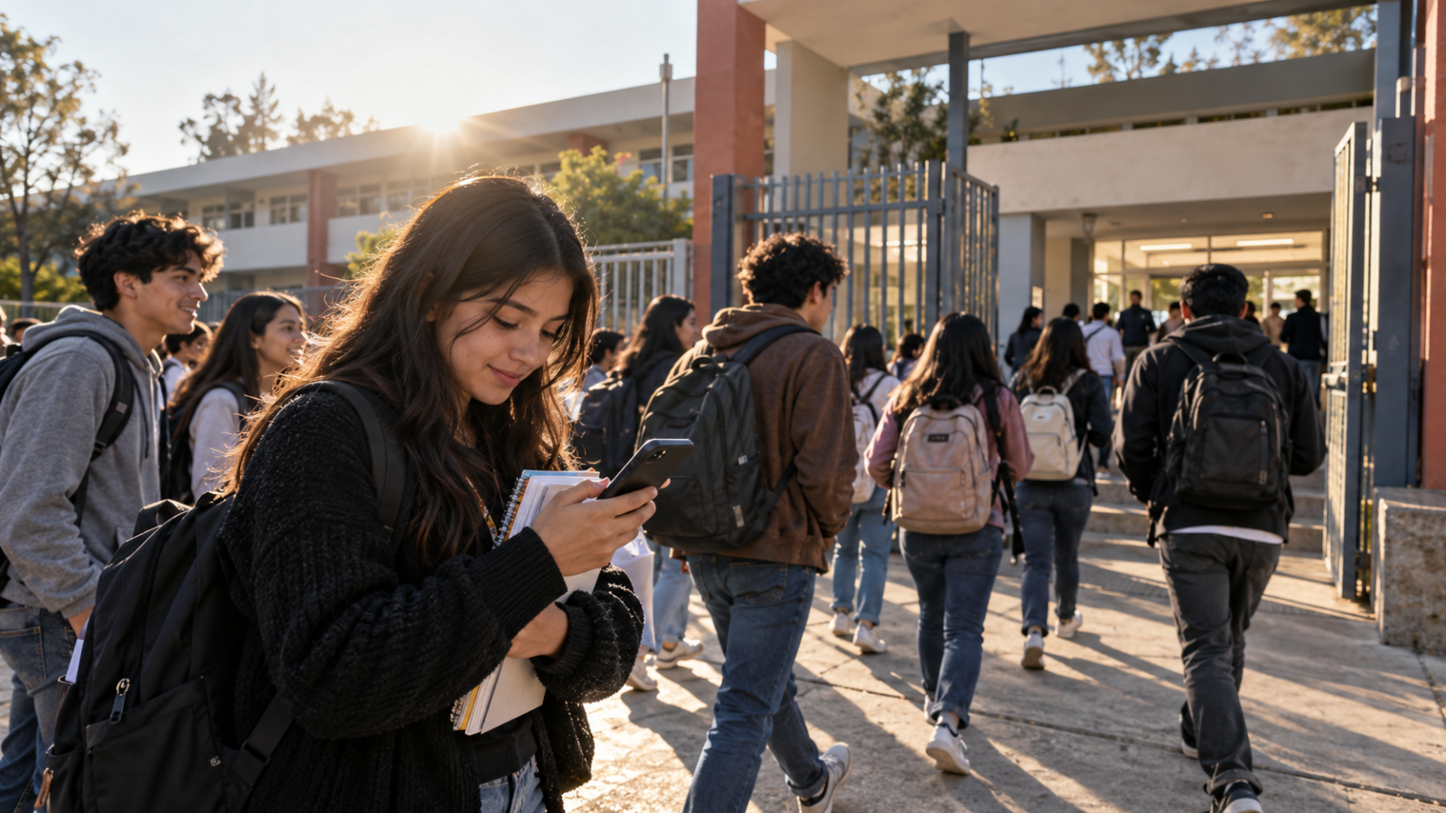 Estudiantes ingresan a una preparatoria pública durante el inicio de pagos de Becas para el Bienestar