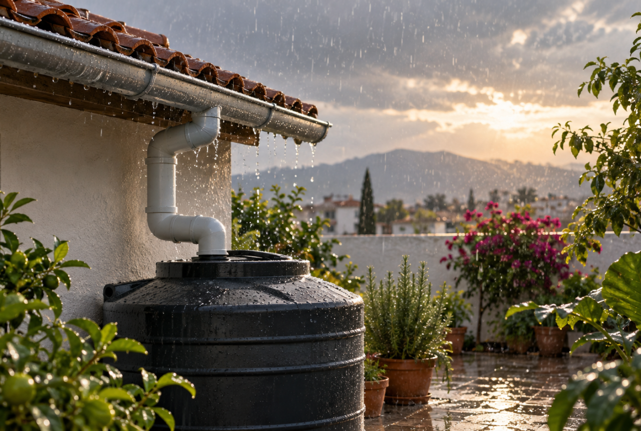 Sistema doméstico de captación pluvial representado en una guía visual sobre cuidado del agua
