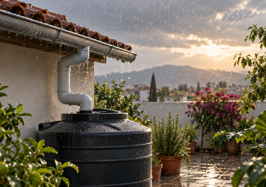 Sistema doméstico de captación pluvial representado en una guía visual sobre cuidado del agua