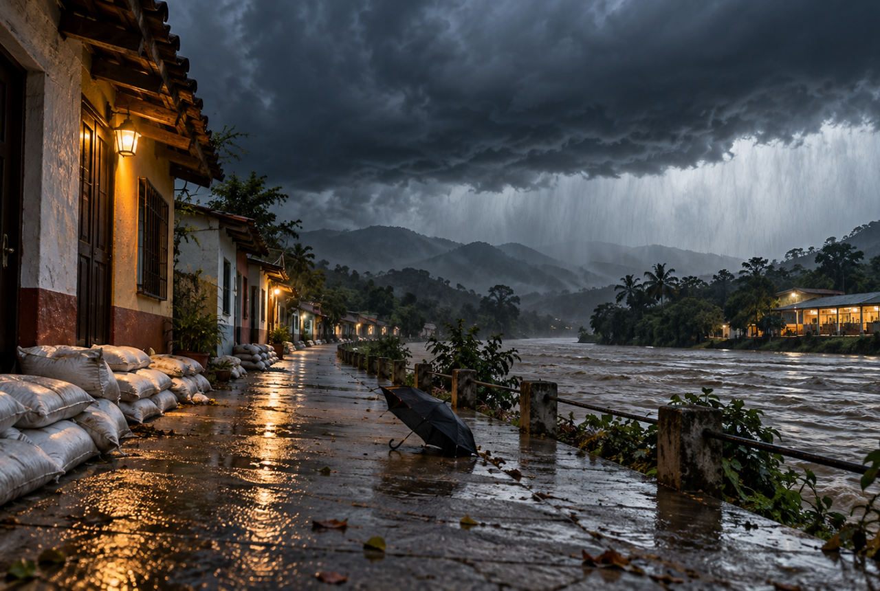 Ilustración editorial de lluvias torrenciales y un río crecido por el frente frío 2 en el sureste de México