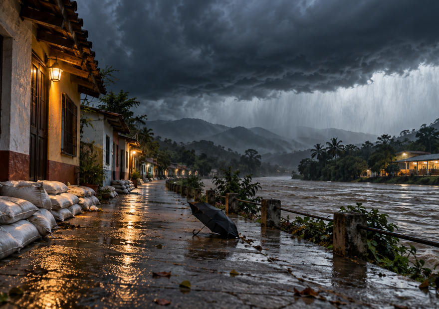 Ilustración editorial de lluvias torrenciales y un río crecido por el frente frío 2 en el sureste de México